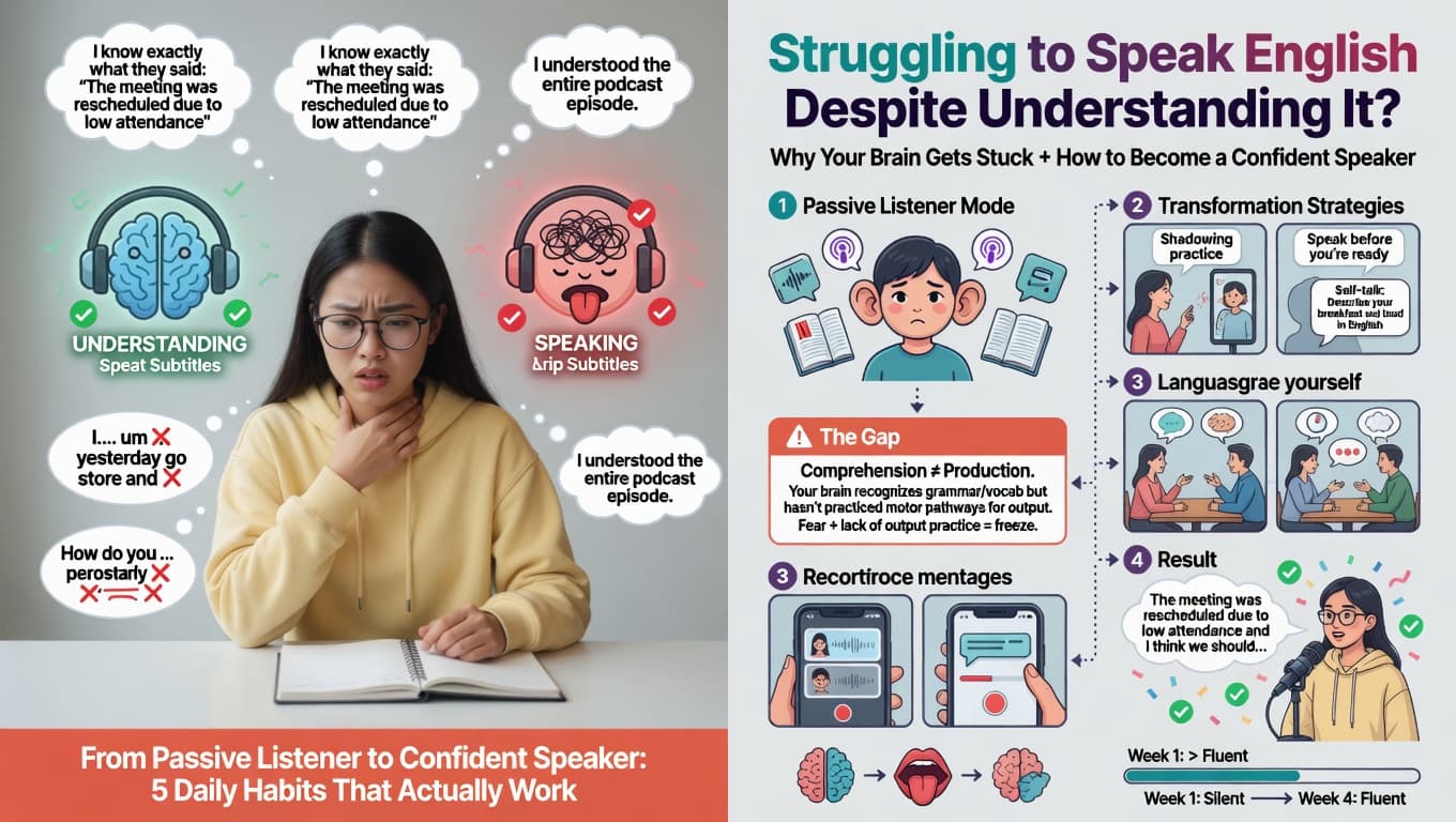 A young East Asian woman with long dark hair, glasses, and a yellow hoodie sits at a white desk, looking frustrated. Her right hand is on her throat, and her left hand rests on an open notebook. Above her head are contrasting thought bubbles: Green glowing brain wearing headphones with checkmarks: “UNDERSTANDING” – “I know exactly what they said: ‘The meeting was rescheduled due to low attendance’” and “I understood the entire podcast episode.” Red glowing brain with tangled scribbles and a tongue sticking out: “SPEAKING” – the same understanding statements, but now marked with red X’s when she tries to speak. Failed speech attempts float around her in speech bubbles with red X’s: “I… um yesterday go store and” “How do you … perostarly” (probably meant “procrastinate” or similar) Bottom banner (red-orange): “From Passive Listener to Confident Speaker: 5 Daily Habits That Actually Work”